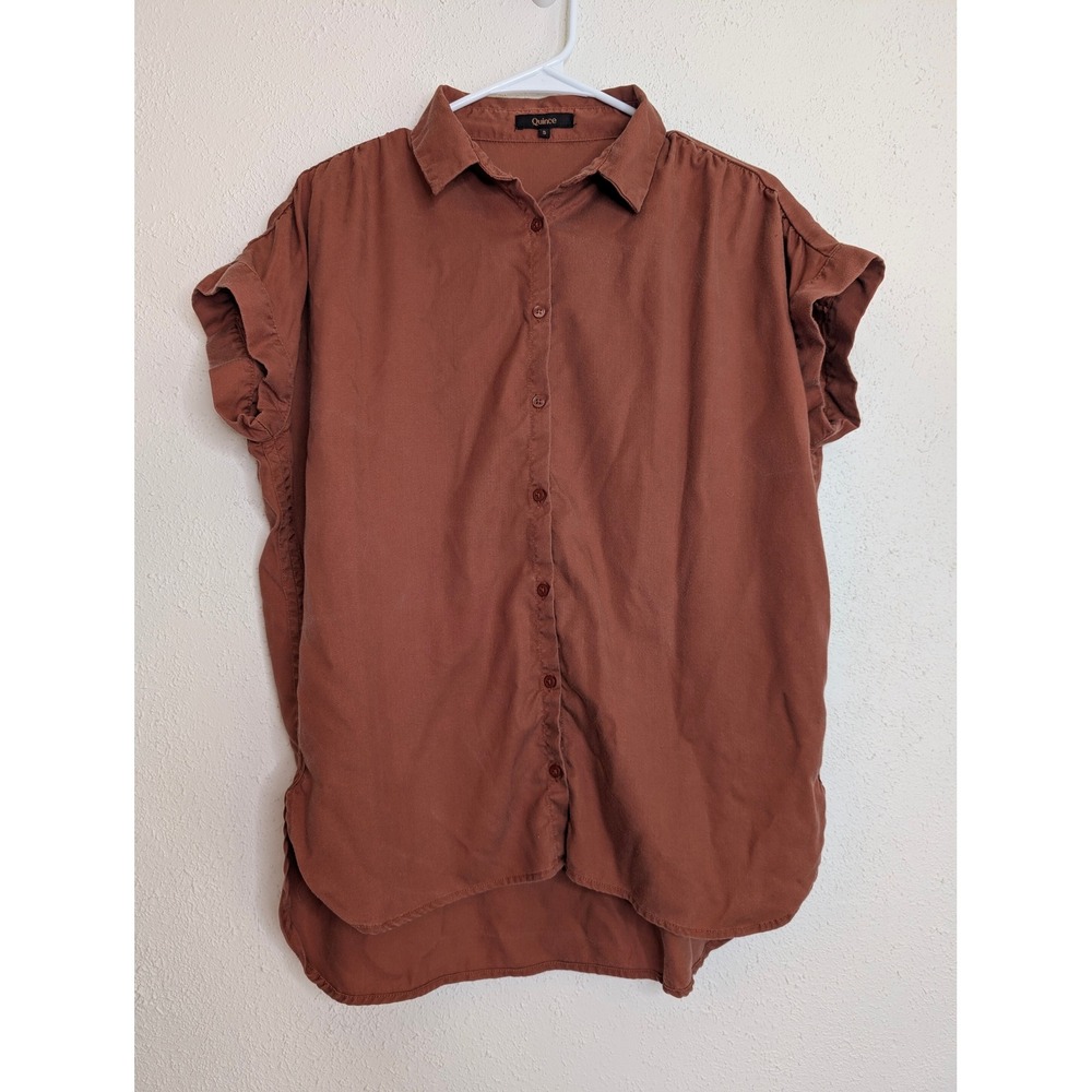 Quince Women Tencel Lyocell Short Sleeve Button Up Shirt Small Brown SCP001